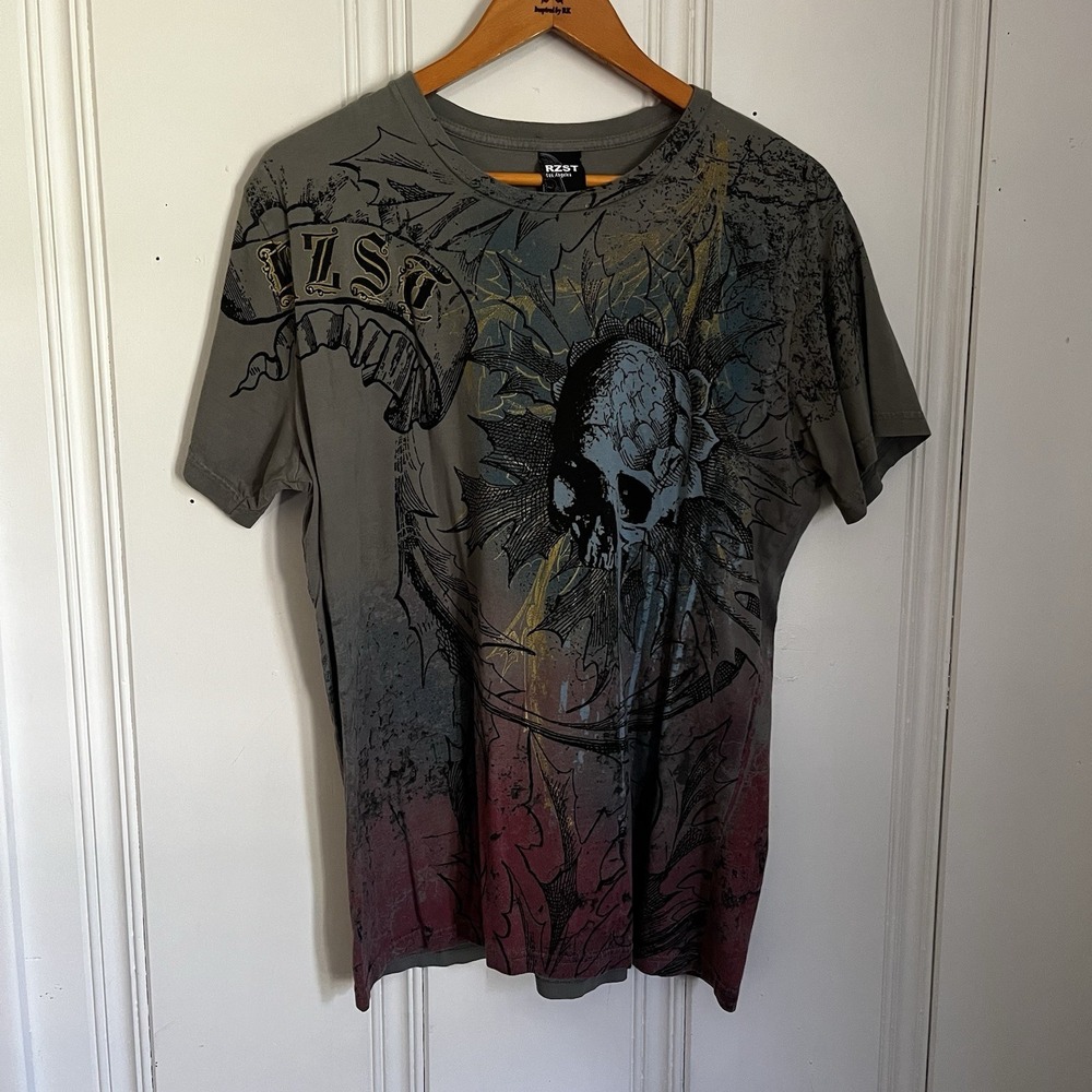 RZST Los Angeles Graphic T‑Shirt Skull Eagle Men's XL Gray Y2K Goth Streetwear